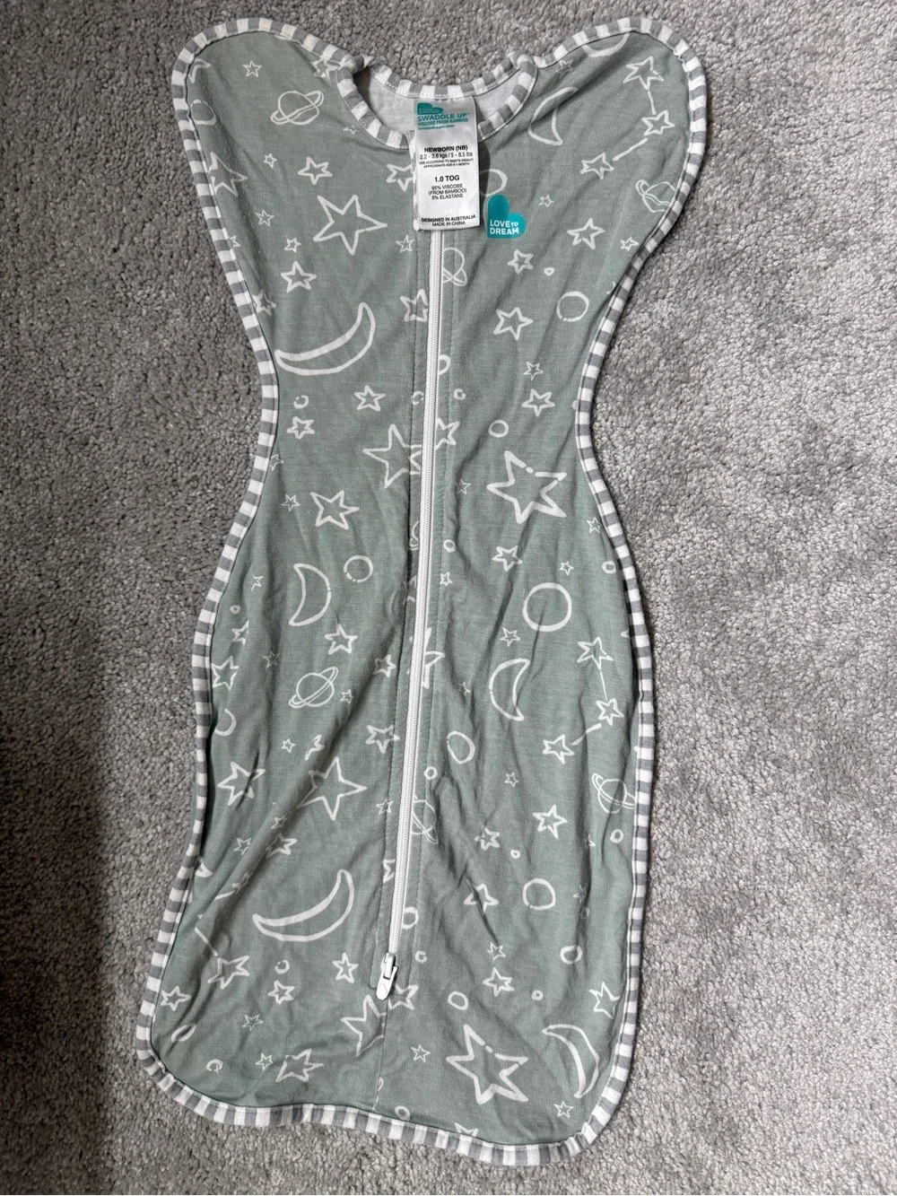 Love to dream Swaddle Up Sleep Sack in Sage Green with White Star Moon Print